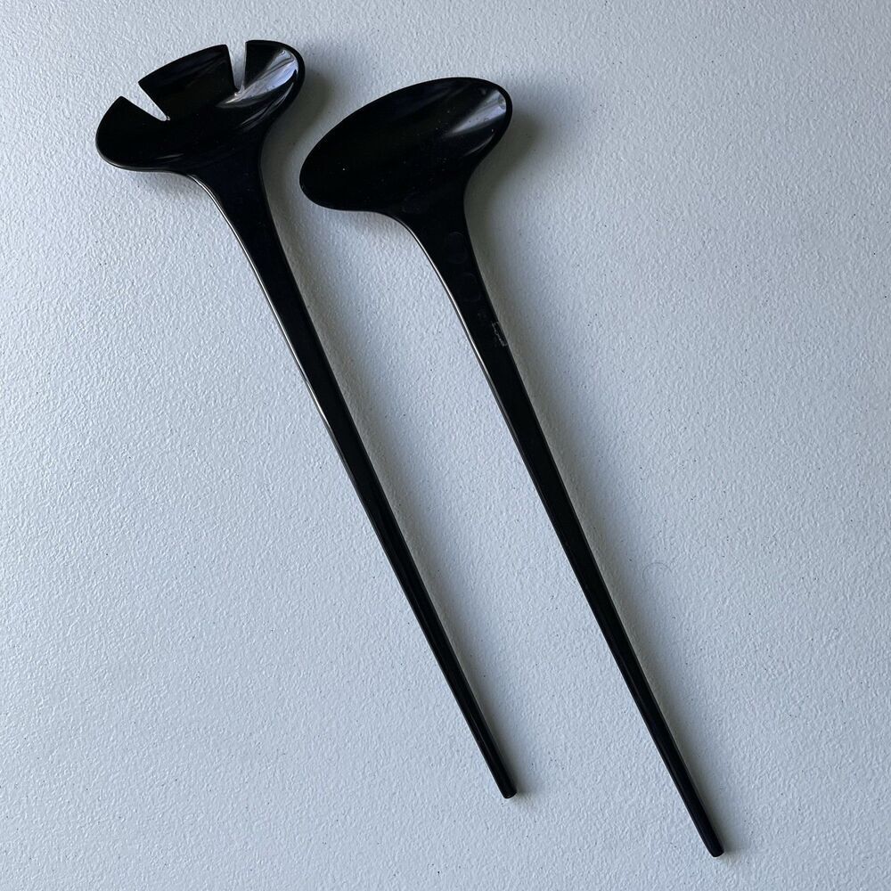 Ikea Vintage Salad Tongs Fork & Spoon Utensils Set Black Plastic 12.5" Lot of 2